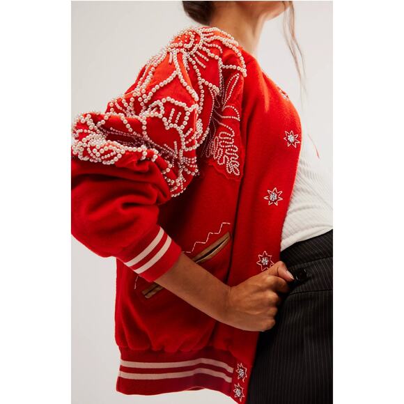 Free People Jackets & Blazers - Free People Pretty In Pearls Bomber Jacket Varsity Red Medium M
